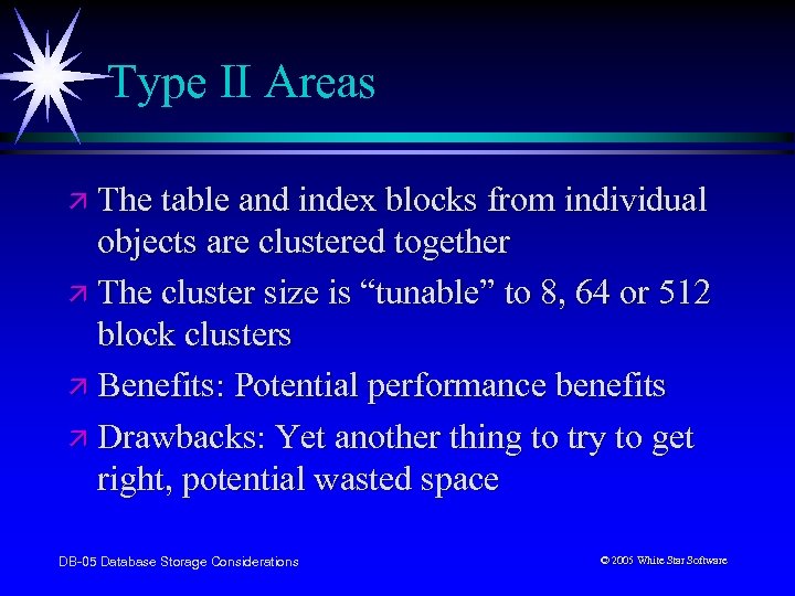 Type II Areas ä The table and index blocks from individual objects are clustered