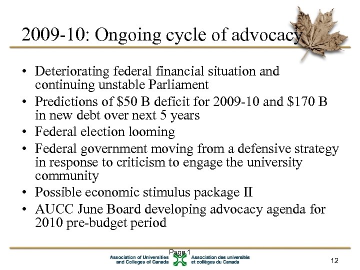 2009 -10: Ongoing cycle of advocacy • Deteriorating federal financial situation and continuing unstable