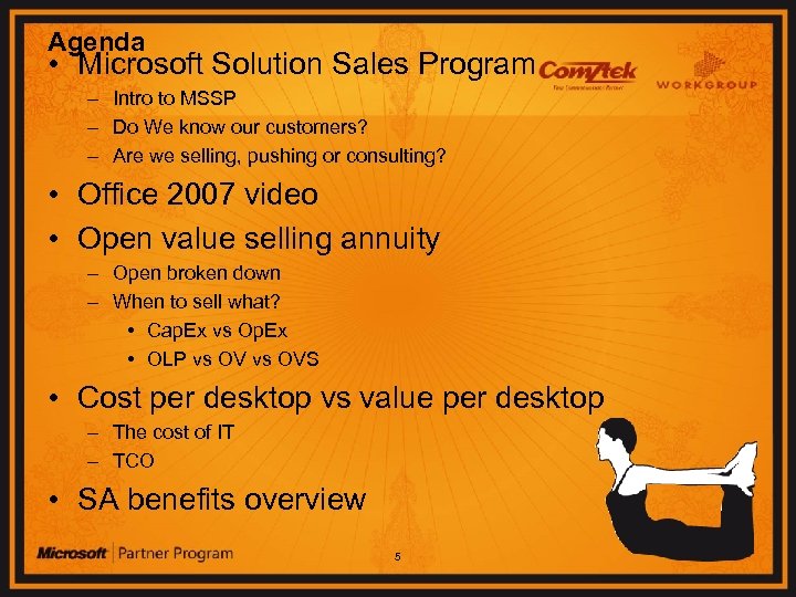 Agenda • Microsoft Solution Sales Program – Intro to MSSP – Do We know