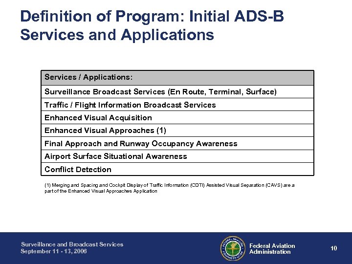 Definition of Program: Initial ADS-B Services and Applications Services / Applications: Surveillance Broadcast Services