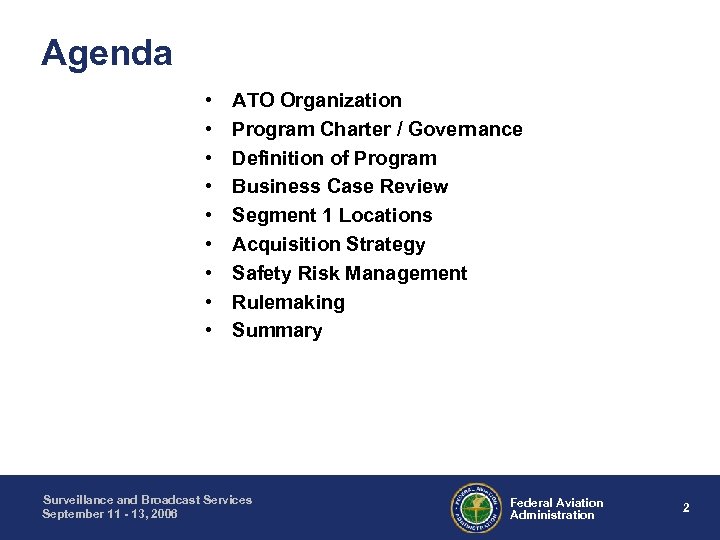 Agenda • • • ATO Organization Program Charter / Governance Definition of Program Business