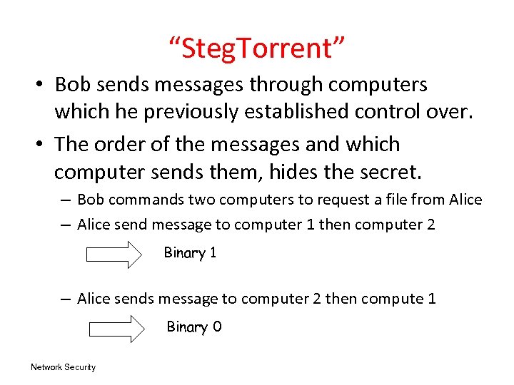 “Steg. Torrent” • Bob sends messages through computers which he previously established control over.