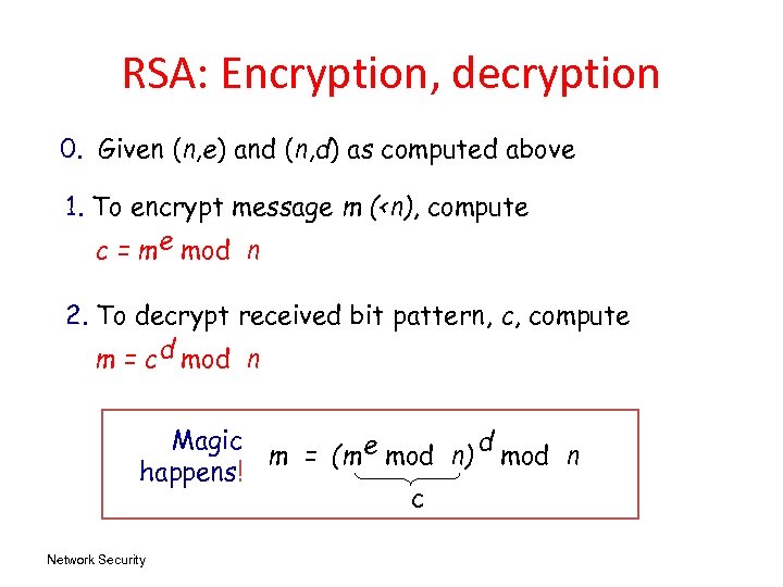 RSA: Encryption, decryption 0. Given (n, e) and (n, d) as computed above 1.