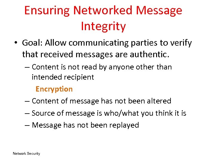 Ensuring Networked Message Integrity • Goal: Allow communicating parties to verify that received messages