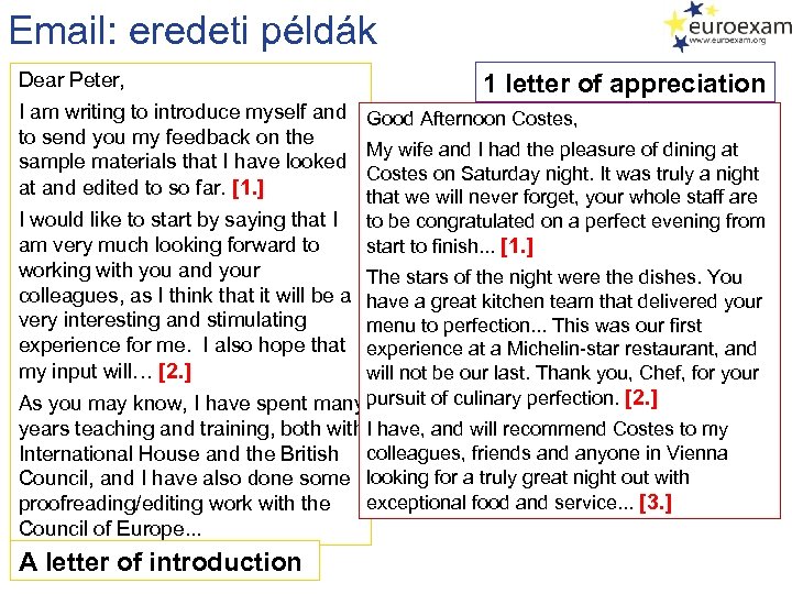 Email: eredeti példák Dear Peter, I am writing to introduce myself and to send