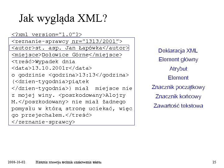 Jak wygląda XML? <? xml version=” 1. 0”? > <zeznanie-sprawcy nr=” 1313/2001”> <autor>st. asp.