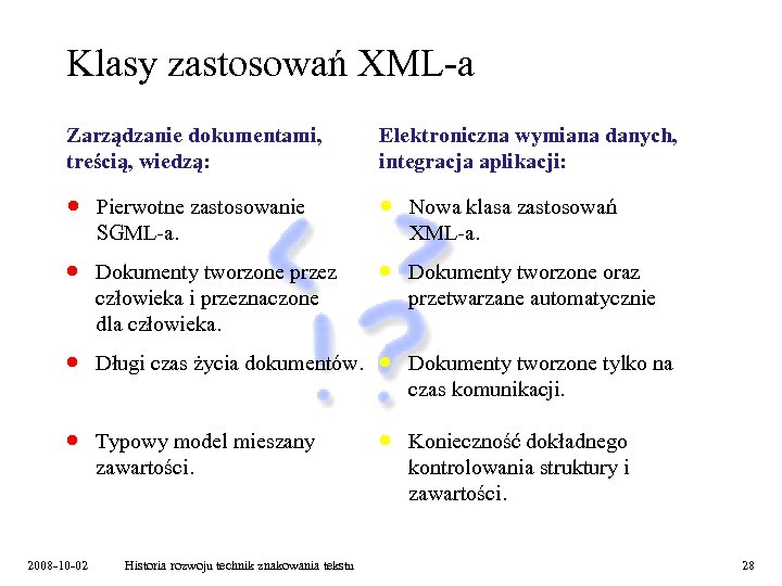 Klasy zastosowań XML-a Zarządzanie dokumentami, treścią, wiedzą: Elektroniczna wymiana danych, integracja aplikacji: · Pierwotne