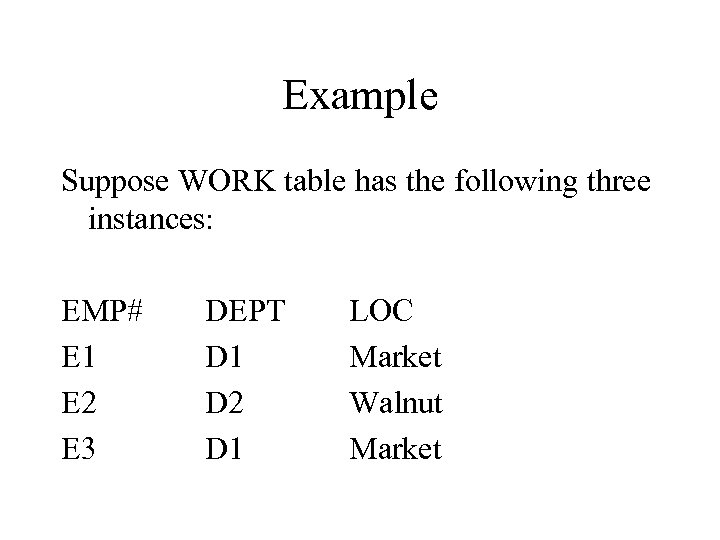 Example Suppose WORK table has the following three instances: EMP# E 1 E 2