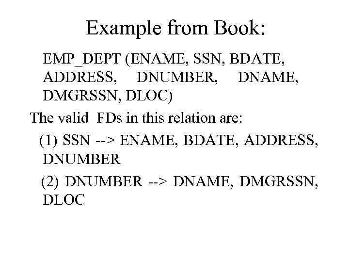 Example from Book: EMP_DEPT (ENAME, SSN, BDATE, ADDRESS, DNUMBER, DNAME, DMGRSSN, DLOC) The valid