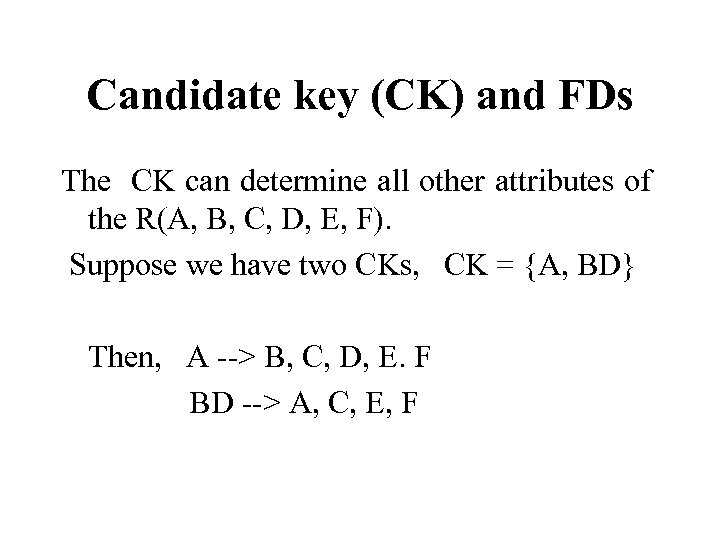 Candidate key (CK) and FDs The CK can determine all other attributes of the