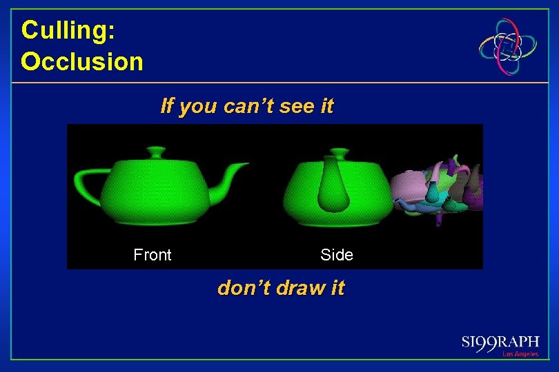 Culling: Occlusion If you can’t see it Front Side don’t draw it 