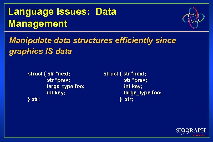 Language Issues: Data Management Manipulate data structures efficiently since graphics IS data struct {