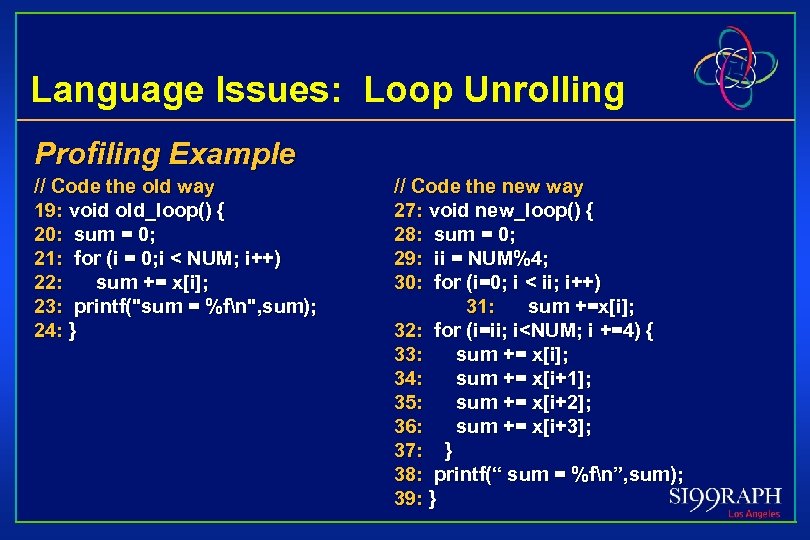 Language Issues: Loop Unrolling Profiling Example // Code the old way 19: void old_loop()