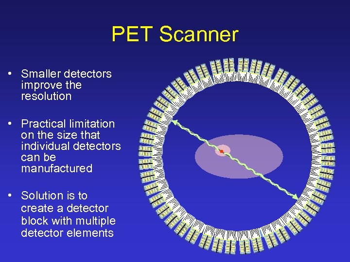 PET Scanner • Smaller detectors improve the resolution • Practical limitation on the size