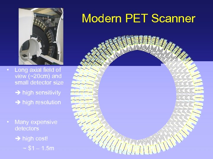 Modern PET Scanner • Long axial field of view (~20 cm) and small detector