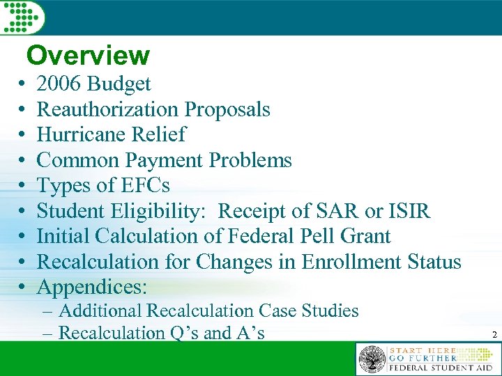 Overview • • • 2006 Budget Reauthorization Proposals Hurricane Relief Common Payment Problems Types