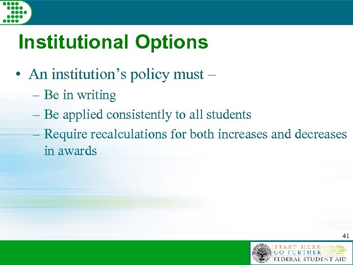 Institutional Options • An institution’s policy must – – Be in writing – Be