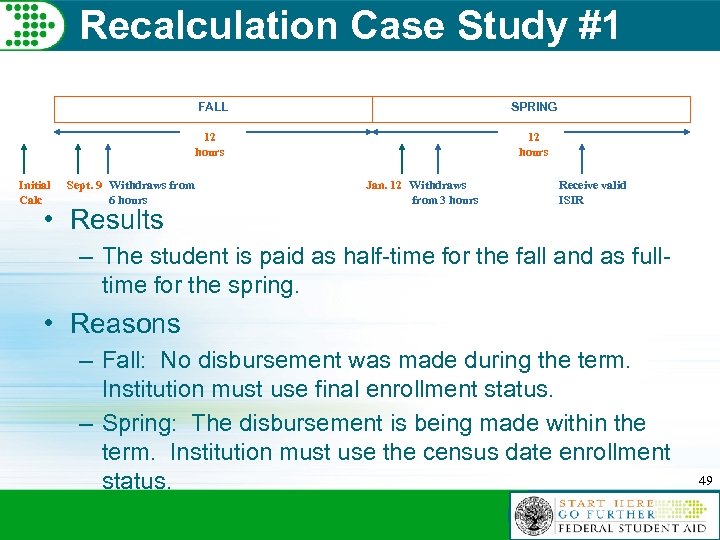 Recalculation Case Study #1 FALL 12 hours Initial Calc Sept. 9 Withdraws from 6