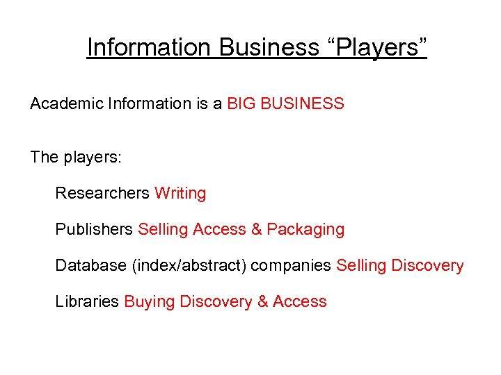 Information Business “Players” Academic Information is a BIG BUSINESS The players: Researchers Writing Publishers