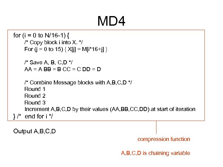 MD 4 for (i = 0 to N/16 -1) { /* Copy block i