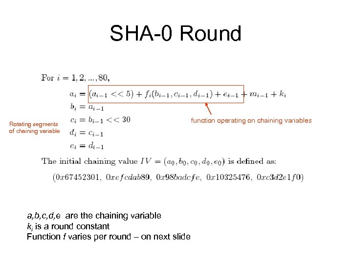 SHA-0 Round Rotating segments of chaining variable a, b, c, d, e are the