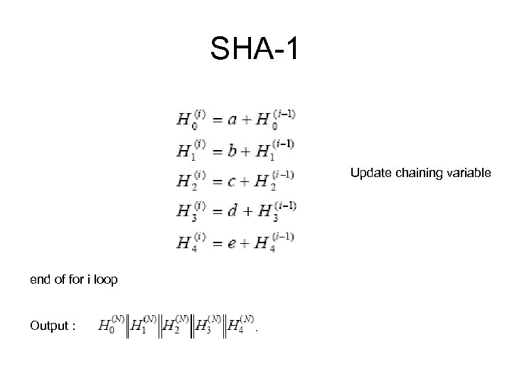 SHA-1 Update chaining variable end of for i loop Output : 