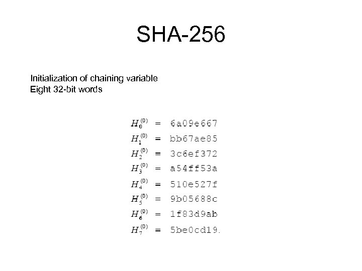 SHA-256 Initialization of chaining variable Eight 32 -bit words 