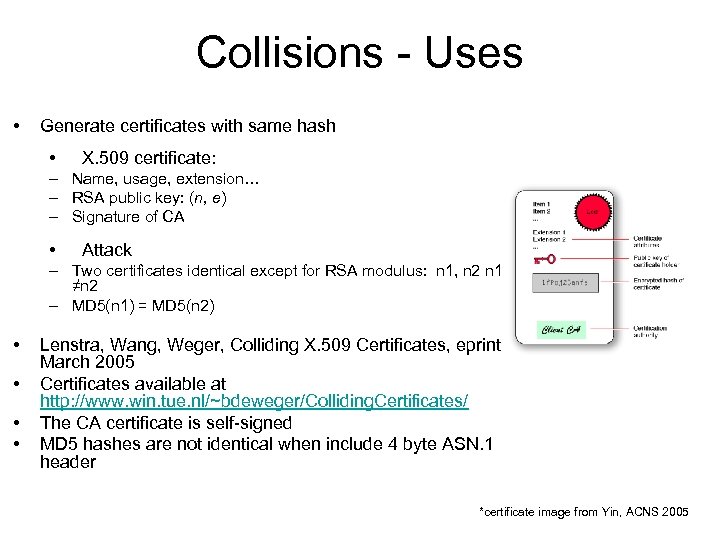 Collisions - Uses • Generate certificates with same hash • X. 509 certificate: –