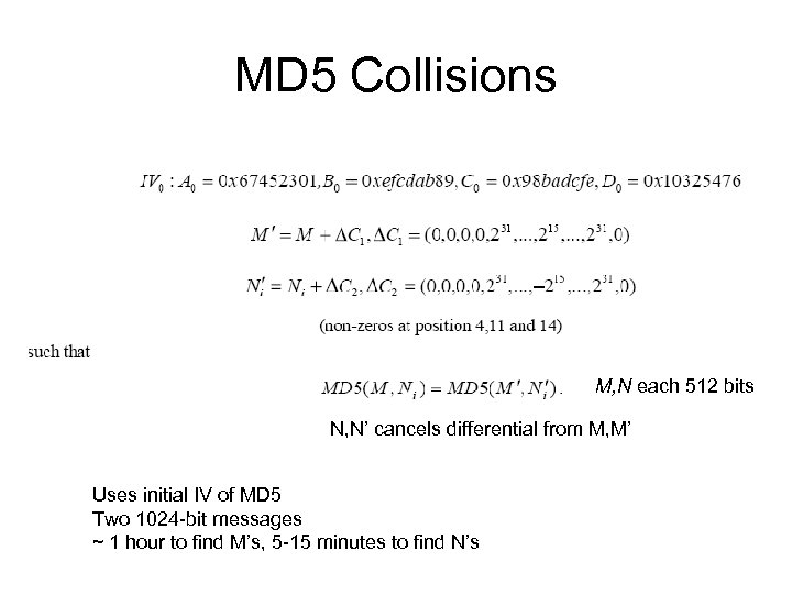 MD 5 Collisions M, N each 512 bits N, N’ cancels differential from M,