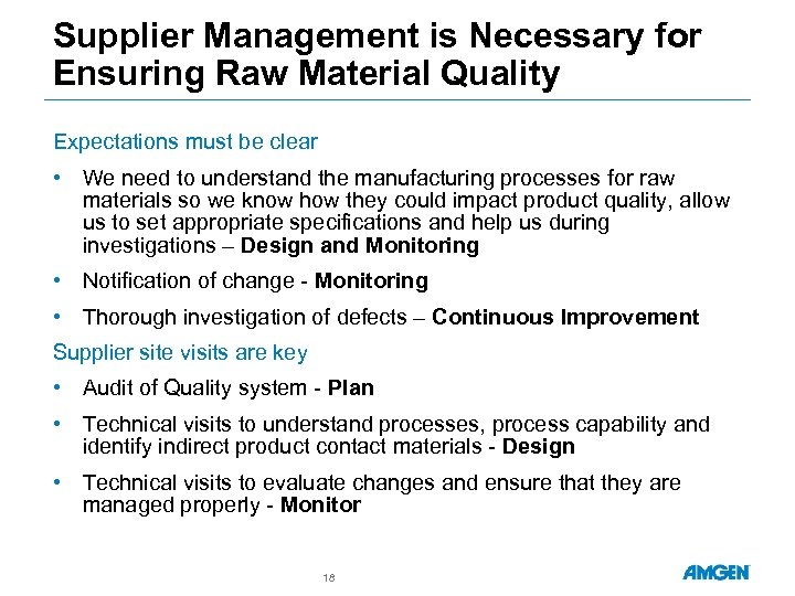 Supplier Management is Necessary for Ensuring Raw Material Quality Expectations must be clear •