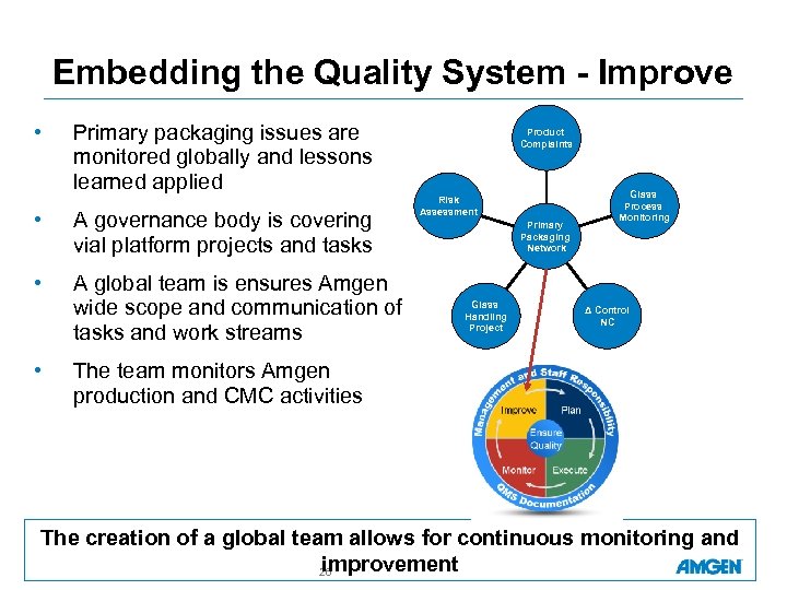 Embedding the Quality System - Improve • Primary packaging issues are monitored globally and