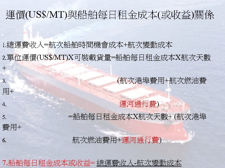 運價(US$/MT)與船舶每日租金成本(或收益)關係 1. 總運費收入=航次船舶時間機會成本+航次變動成本 2. 單位運價(US$/MT)X可裝載貨量=船舶每日租金成本X航次天數 + 3. (航次港埠費用+航次燃油費 用+ 4. 運河通行費) 5. =船舶每日租金成本X航次天數+ (航次港埠