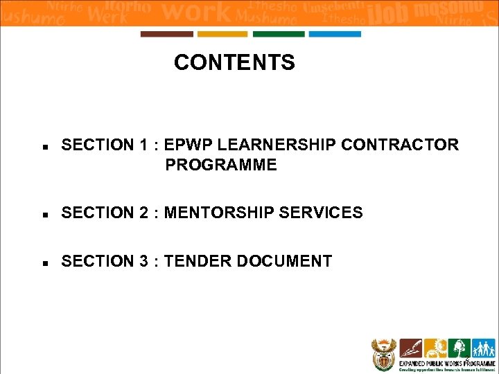 CONTENTS n SECTION 1 : EPWP LEARNERSHIP CONTRACTOR PROGRAMME n SECTION 2 : MENTORSHIP