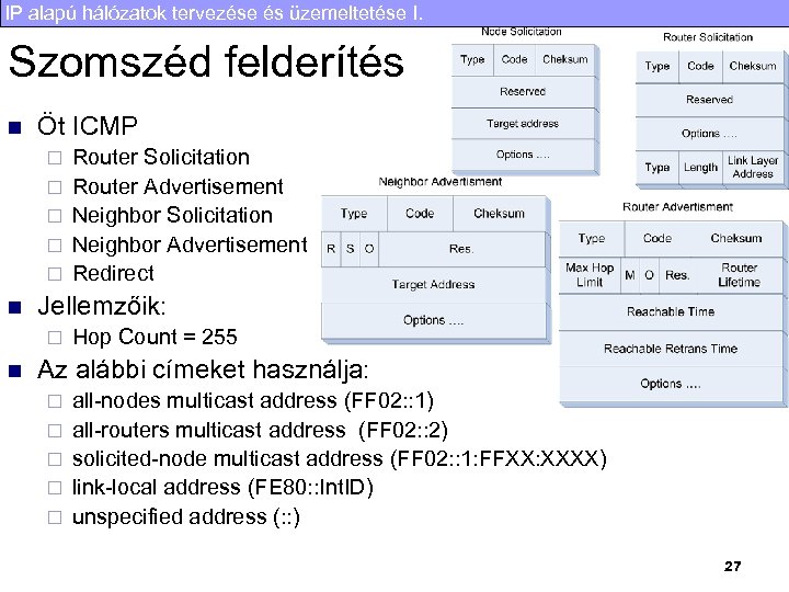 IP alapú hálózatok tervezése és üzemeltetése I. Szomszéd felderítés n Öt ICMP ¨ ¨