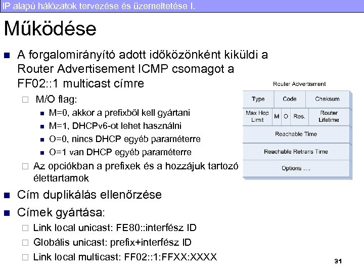 IP alapú hálózatok tervezése és üzemeltetése I. Működése n A forgalomirányító adott időközönként kiküldi