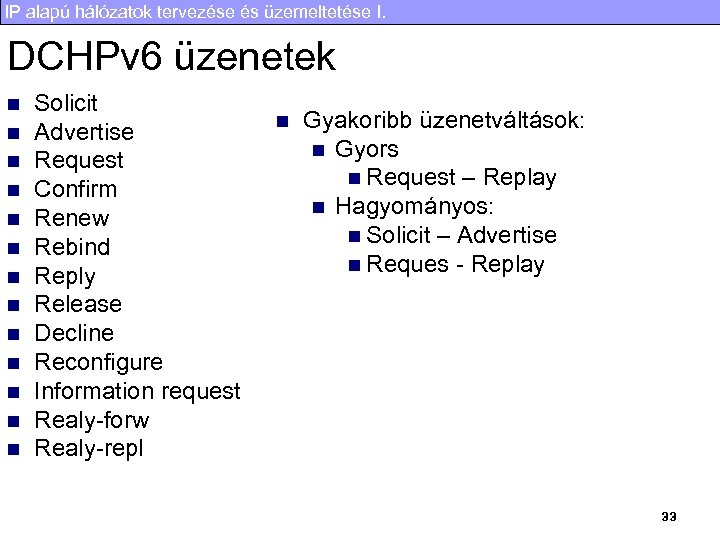 IP alapú hálózatok tervezése és üzemeltetése I. DCHPv 6 üzenetek n n n n