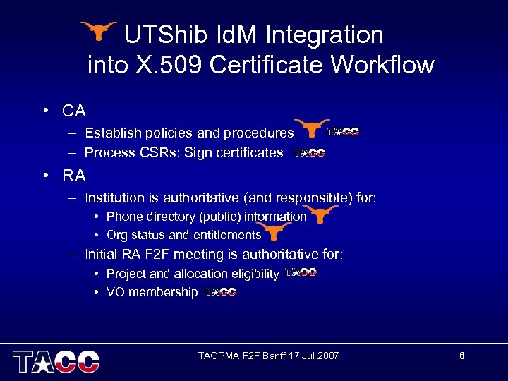 UTShib Id. M Integration into X. 509 Certificate Workflow • CA – Establish policies