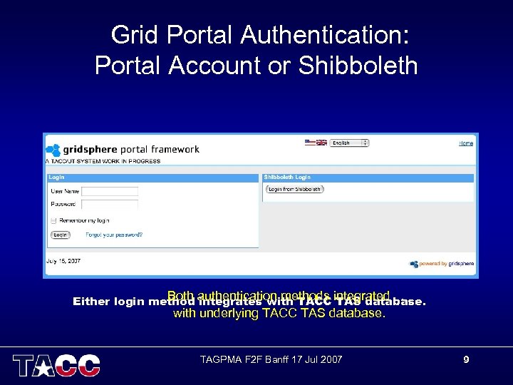 Grid Portal Authentication: Portal Account or Shibboleth Both integrates with TACC TAS database. Either