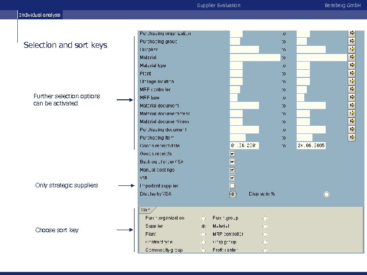 Supplier Evaluation Individual analysis Selection and sort keys Further selection options can be activated