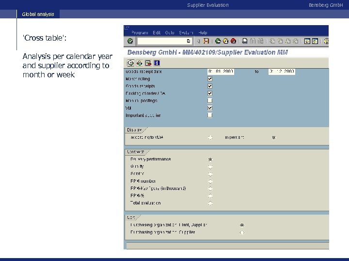 Supplier Evaluation Global analysis 'Cross table': Analysis per calendar year and supplier according to