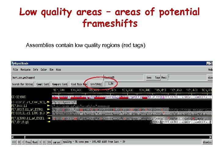 Low quality areas – areas of potential frameshifts Assemblies contain low quality regions (red