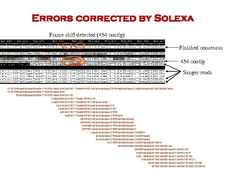 Errors corrected by Solexa Frame shift detected (454 contig) Finished consensus 454 contig Sanger