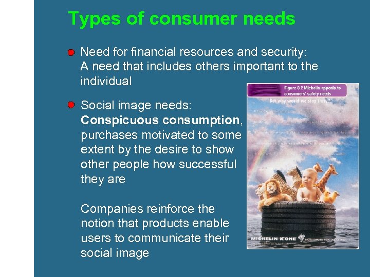 Types of consumer needs Need for financial resources and security: A need that includes