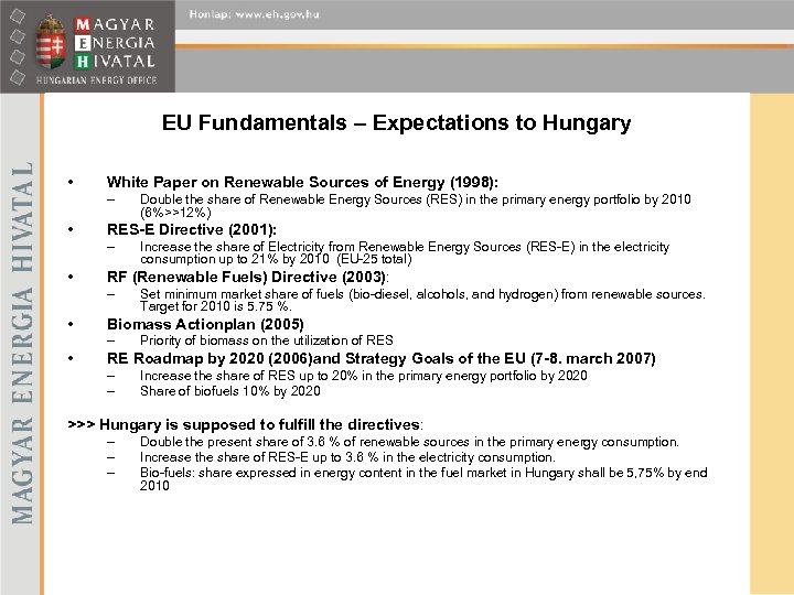 EU Fundamentals – Expectations to Hungary • White Paper on Renewable Sources of Energy