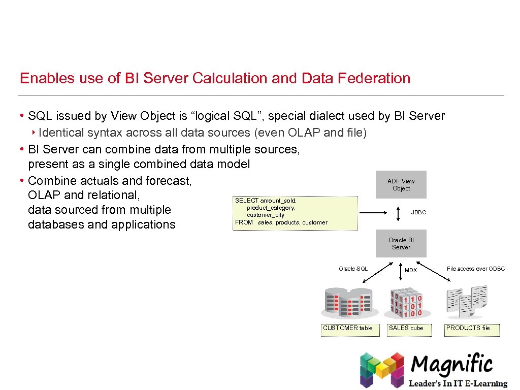 Enables use of BI Server Calculation and Data Federation • SQL issued by View