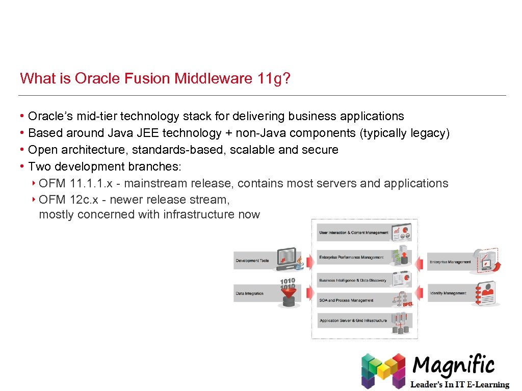 What is Oracle Fusion Middleware 11 g? • • Oracle’s mid-tier technology stack for