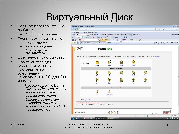 Виртуальный Диск • Частное пространство на ДИСКЕ : – 1 ГБ / пользователь •