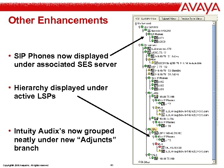 Other Enhancements • SIP Phones now displayed under associated SES server • Hierarchy displayed