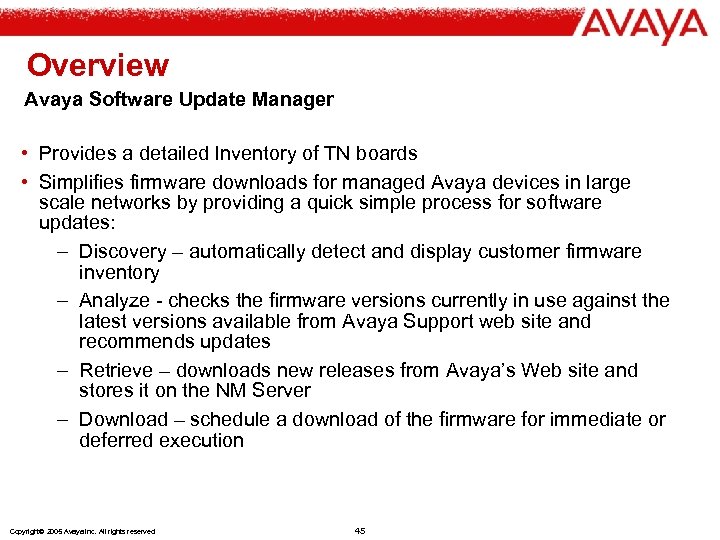 Overview Avaya Software Update Manager • Provides a detailed Inventory of TN boards •