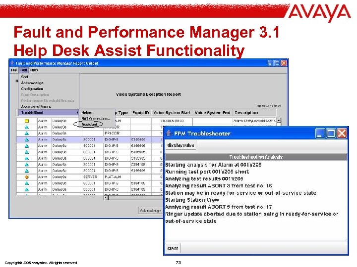 Fault and Performance Manager 3. 1 Help Desk Assist Functionality Copyright© 2005 Avaya Inc.